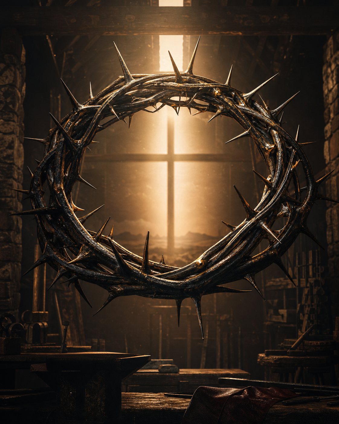 A dimensional crown of thorns framing a cross illuminated by warm light